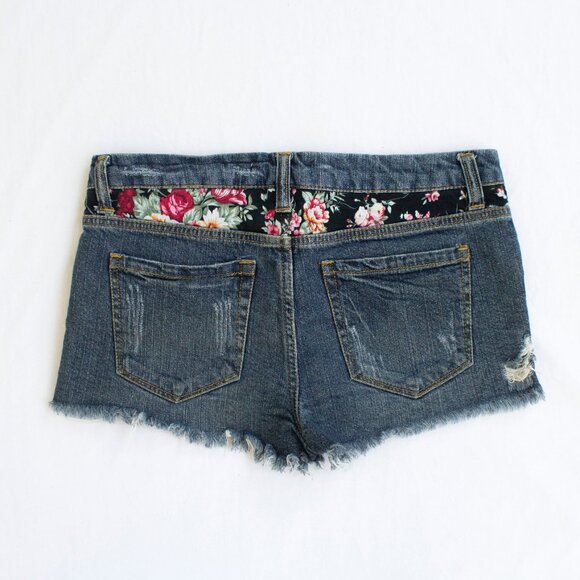 2.1 Denim Cut Off Jean Shorts - Floral Fabric Distressed Denim - Picture 5 of 5
